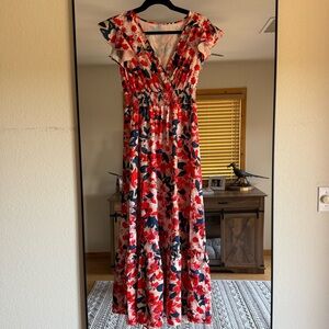 Red, White & Blue Floral Maxi Dress with Ruffle Sleeves